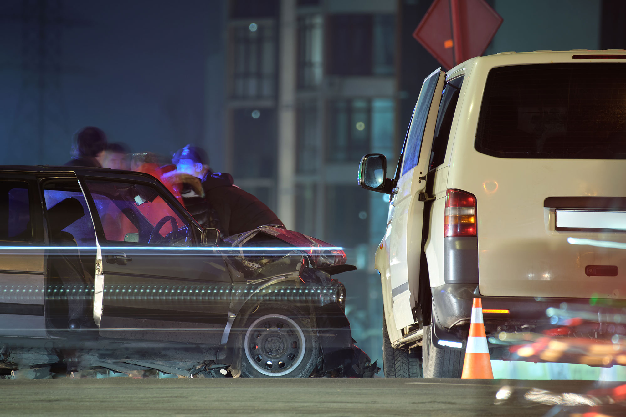 Car accident with heavy damage on side swipe